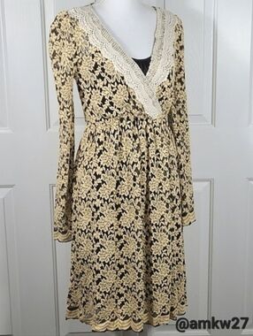 NWT A'reve Lace Floral Midi Dress Black  Cream Long Sleeves Crochet Detailing